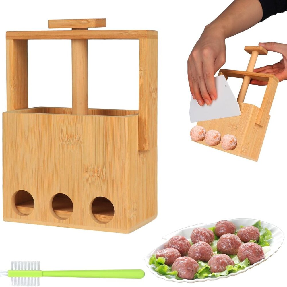 Bamboo Manual Triple Meatball Press Maker for Quick and Easy 2.5cm/0.98in Balls